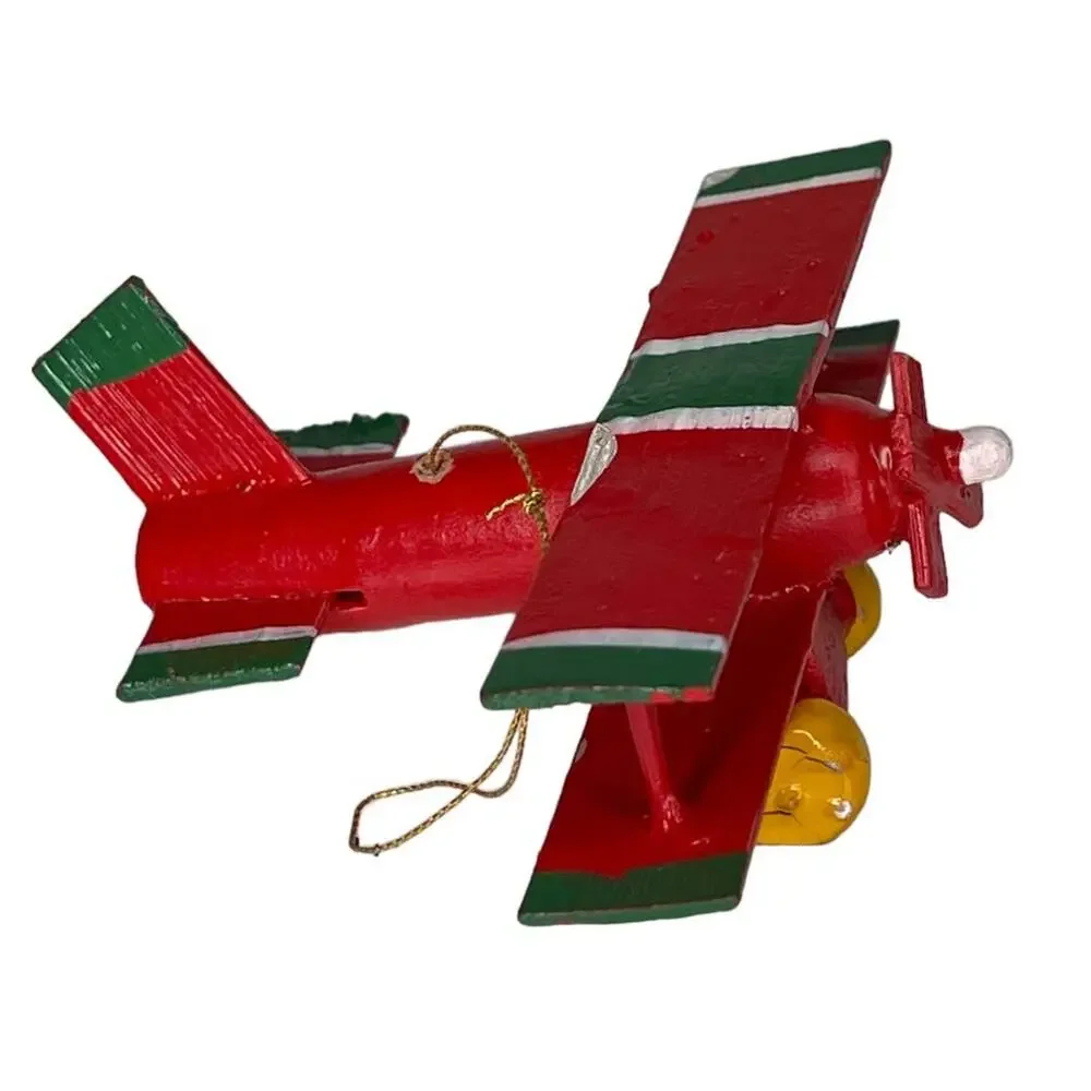 Vintage Wooden Airplane Ornament Red Green Folk Art Christmas Decor